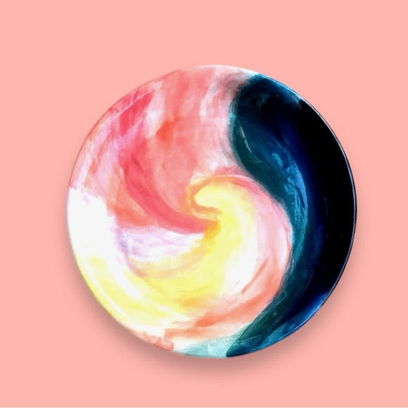Spiral Pattern Pottery Plate in Teal, Coral, and Yellow/Handcrafted Pottery - Picture 2 of 9